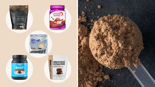 Scoop of chocolate protein powder next to protein powder packages from Truvani, Premier Protein, Ritual, Clean Simple Eats, and Equate.